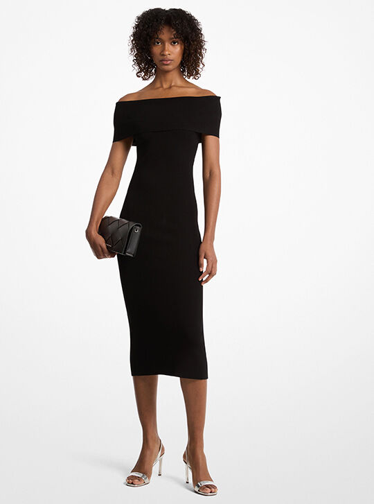 Stretch Knit Over-The-Shoulder Dress, BLACK | Michael Kors UAE