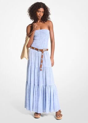 Chambray Print Smocked Georgette Maxi Dress