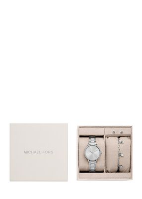 michael kors mini pyper pav  silver tone watch and jewelry gift set