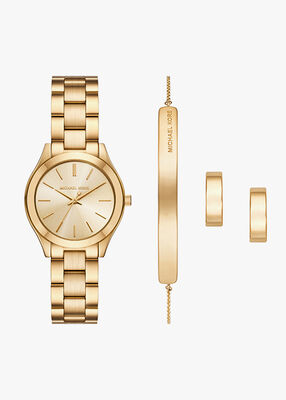 michael kors slim runway three hand gold tone watch gift set