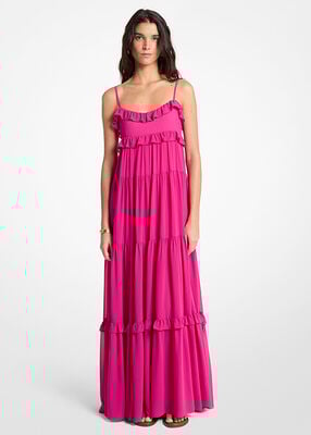 michael kors فستان ماكسي من قماش جورجيت مكشكش متعدد الطبقات