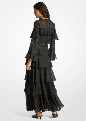 michael kors فستان جورجيت مخطط معدني مع كشكشة