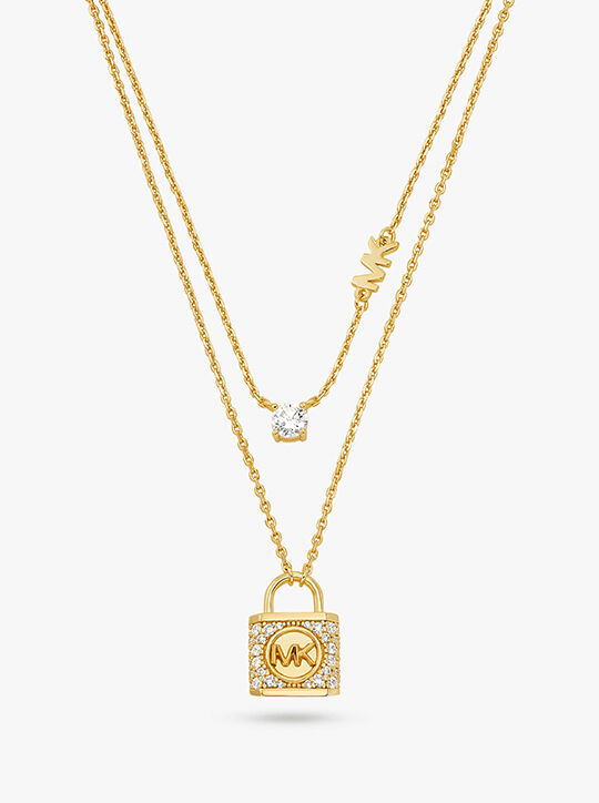 Precious Metal-Plated Sterling Gold Pavé Lock Layered Necklace michael kors precious metal plated sterling gold pav lock layered necklace