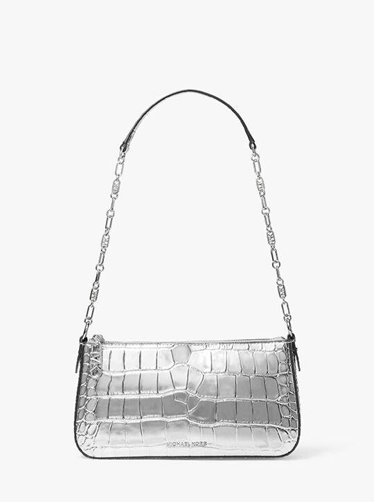 michael kors empire medium metallic crocodile embossed leather chain link pochette