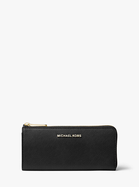 Jet Set Travel Large Saffiano Leather Quarter-Zip Wallet, BLACK