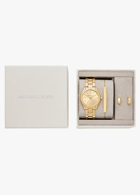 michael kors slim runway three hand gold tone watch gift set