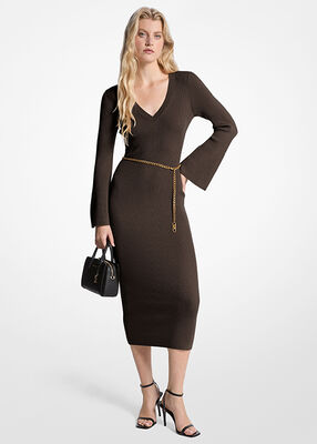 michael kors wool blend belted midi dress