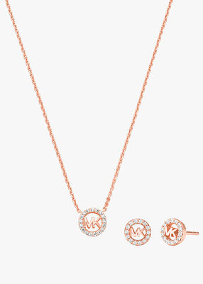 michael kors rose gold plated sterling silver pav  logo necklace earring set