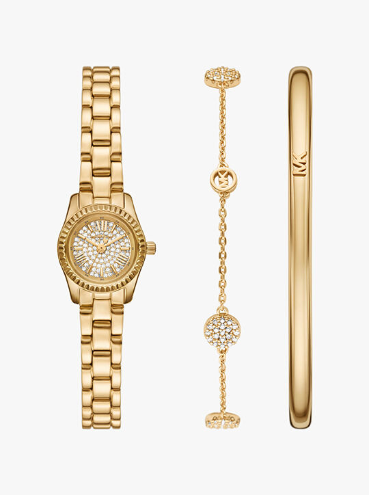 michael kors petite lexington pav  gold tone watch and jewelry gift set