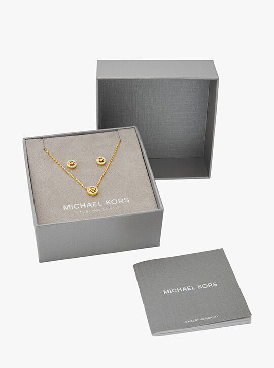 michael kors gold plated sterling silver pav  logo necklace earring set