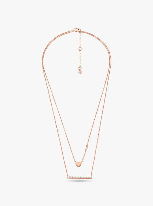 michael kors قلادة مايكل كورس على شكل قلب من الفضة الإسترليني المطلية بالذهب الوردي عيار 14 قيراط بطبقة مزدوجة