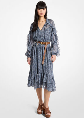 michael kors فستان ميدي من قماش الجورجيت مكشكش بنقشة زهور معدنية وحزام