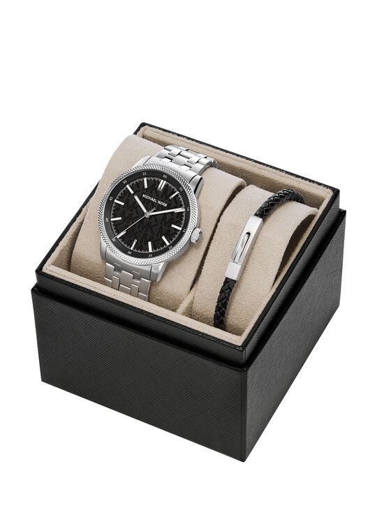 michael kors oversized wolfe silver tone watch and bracelet set