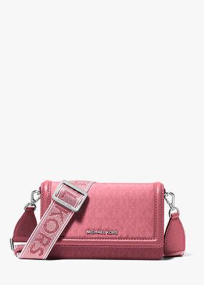 michael kors حقيبة كروسبودي صغيرة الحجم من جيت سيت، مزينة بشعار الماركة، مصنوعة من نسيج منسوج، مناسبة للهواتف الذكية