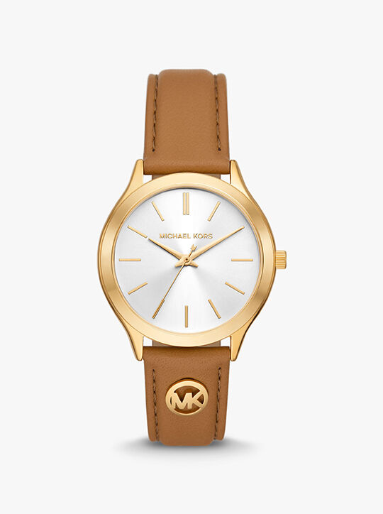 michael kors slim runway gold tone and leather watch