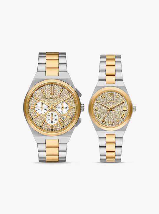 Lennox His and Hers Pavé Two-Tone Watch Set michael kors lennox his and hers pav two tone watch set