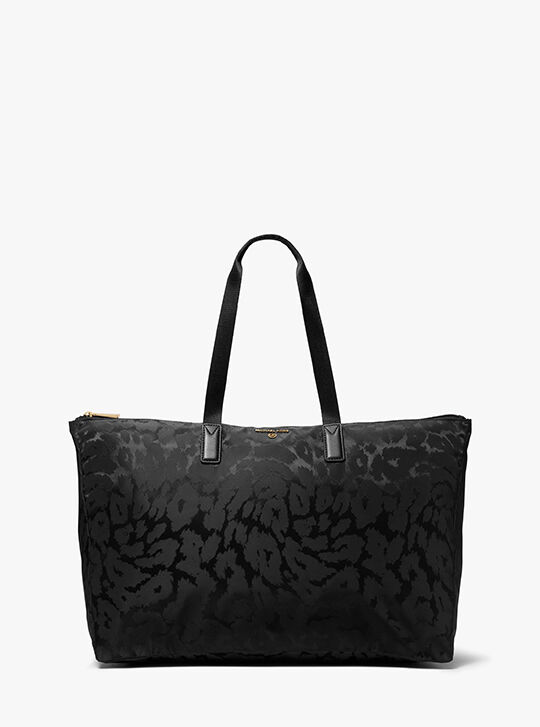 Jet Set Large Leopard Jacquard Nylon Tote Bag, BLACK | Michael
