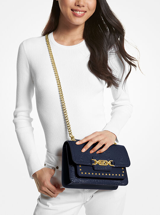 حقيبة كتف هيذر كبيرة بجلد التمساح منقوشة مرصعة michael kors حقيبة كتف هيذر كبيرة بجلد التمساح منقوشة مرصعة