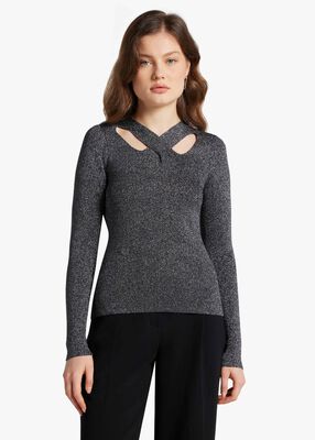 Ribbed Metallic Knit Cutout Sweater