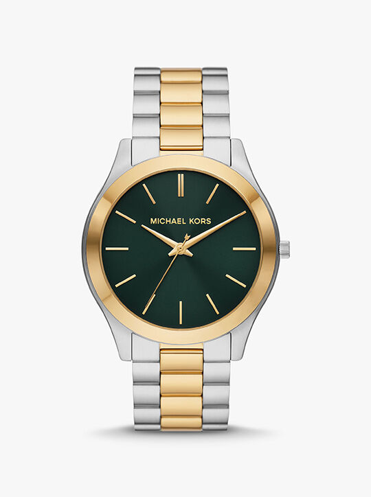 michael kors slim runway three hand two tone stainless steel watch