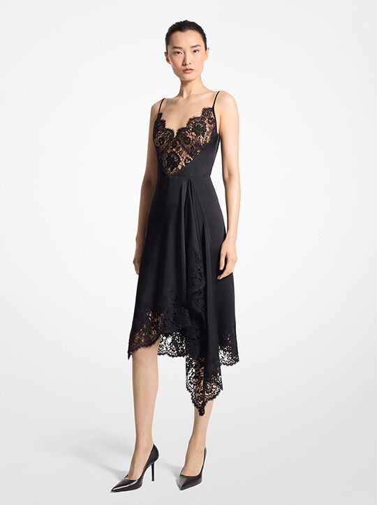 Lace Trim Satin Charmeuse Asymmetric Slip Dress michael kors lace trim satin charmeuse asymmetric slip dress