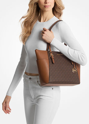 michael kors charlotte large logo and leather top zip tote bag