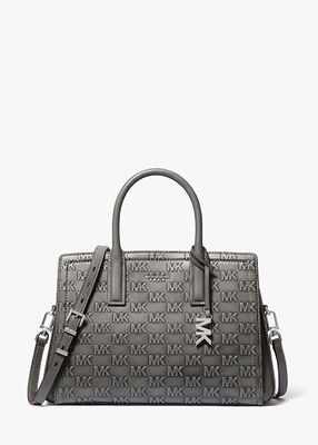 michael kors laila medium logo embossed burnished leather satchel