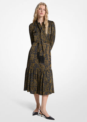 michael kors paisley print satin tie neck midi dress