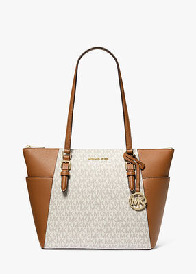 michael kors charlotte large logo and leather top zip tote bag