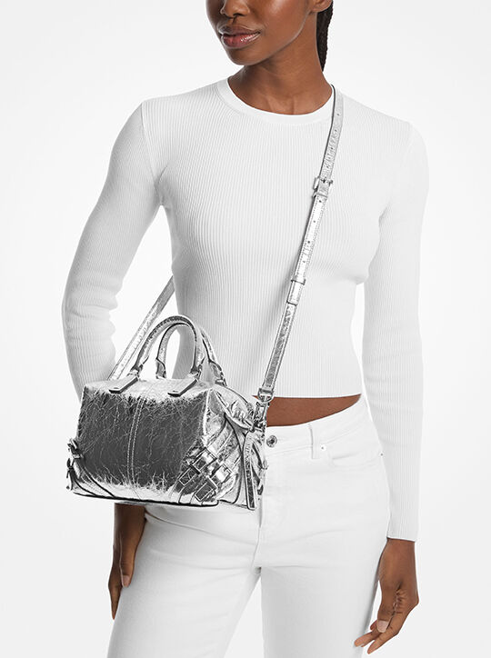 michael kors darrington metallic small crackled leather satchel