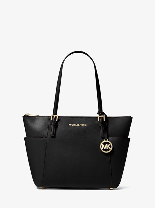 Jet Set Large Crossgrain Leather Top-Zip Tote Bag, BLACK | Michael