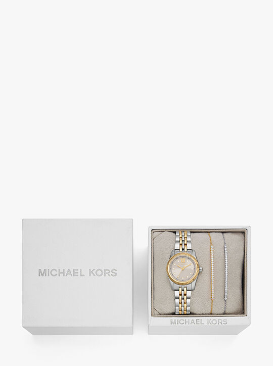 michael kors lexington pav  two tone watch and slider bracelet gift set