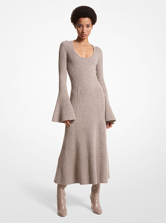 Ribbed Stretch Cashmere Flare-Sleeve Dress
