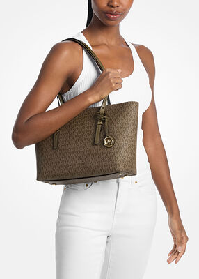 michael kors quinn medium signature logo and leather tote bag