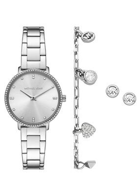 michael kors mini pyper pav  silver tone watch and jewelry gift set