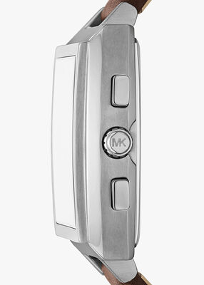 michael kors oversized rhys silver tone and leather watch