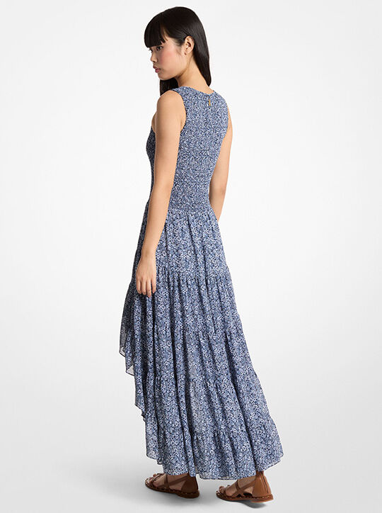 michael kors smocked floral print georgette high low dress