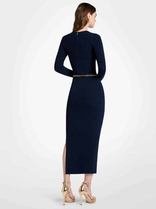 Ribbed Stretch Viscose Belted Sweater Dress