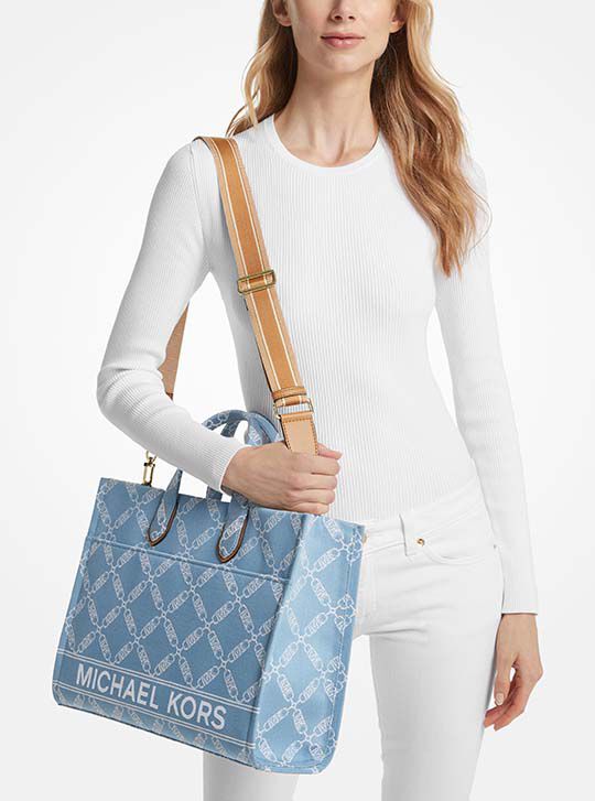 Gigi Large Empire Logo Jacquard Denim Tote Bag, DENIM MULTI