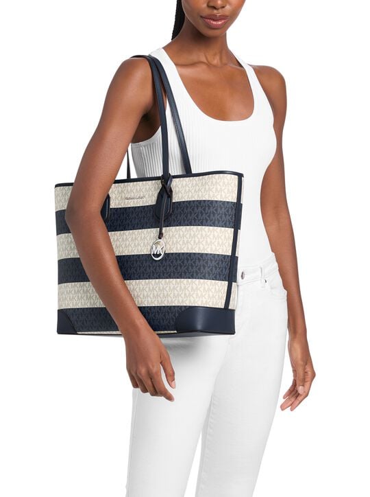 Eva Large Striped Signature Logo Tote Bag michael kors eva large striped signature logo tote bag