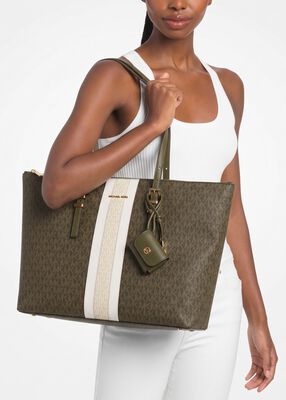 michael kors logo print striped tote bag