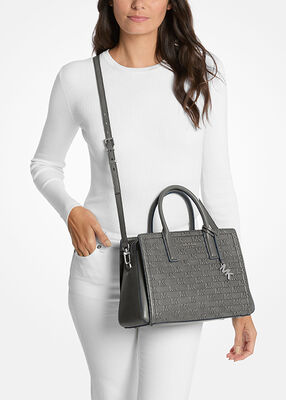 michael kors laila medium logo embossed burnished leather satchel