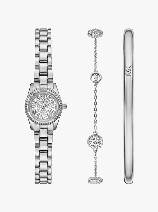 michael kors petite lexington pav  silver tone watch and jewelry gift set
