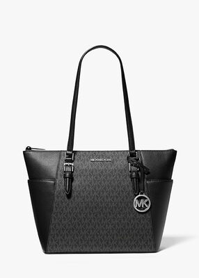 michael kors حقيبة شارلوت كبيرة بشعار الماركة وجلد وسحاب علوي