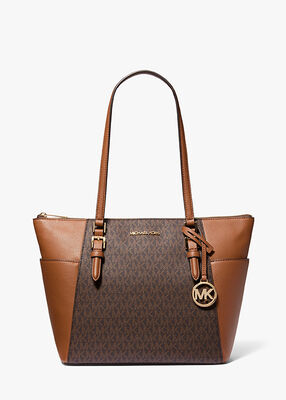 michael kors charlotte large logo and leather top zip tote bag
