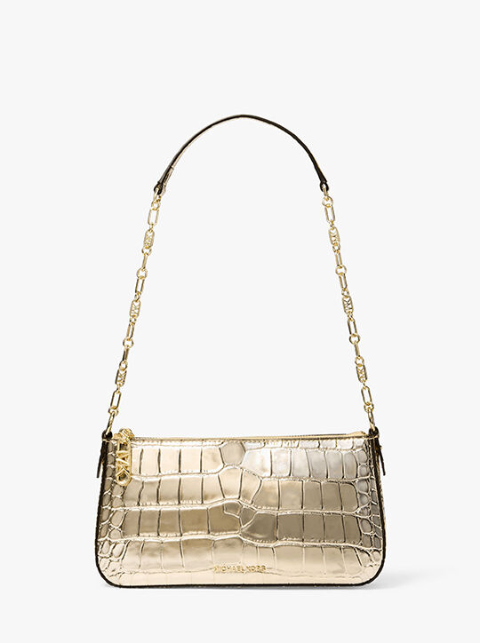 michael kors empire medium metallic crocodile embossed leather chain link pochette