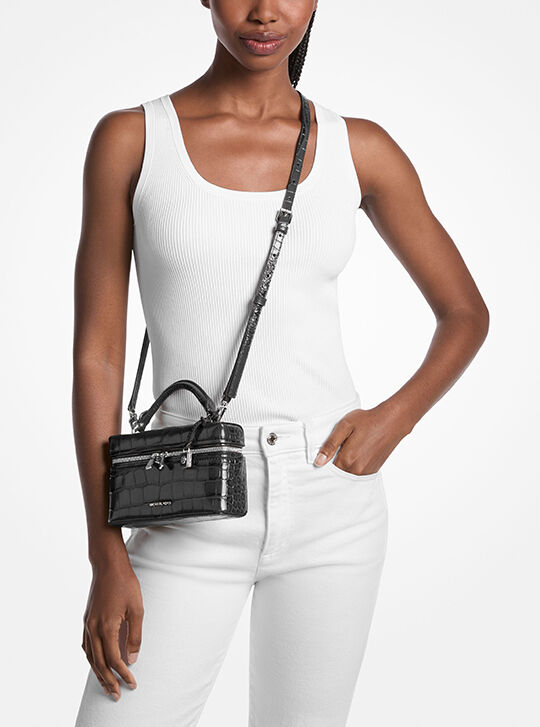 Jana Extra-Small Crocodile Embossed Leather Crossbody Bag, BLACK