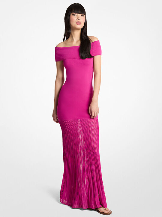 michael kors pleated stretch knit off the shoulder maxi dress
